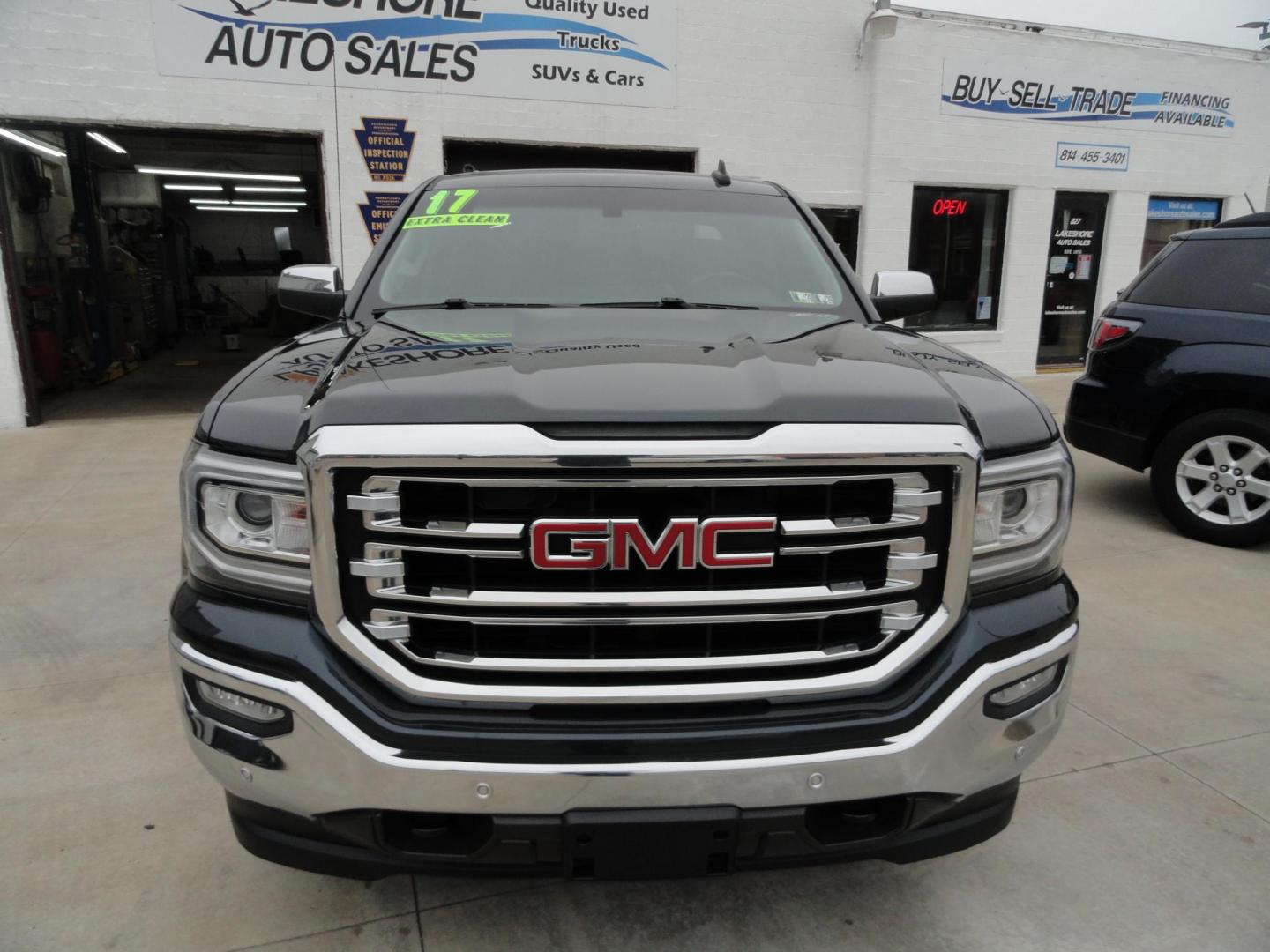 2017 Dark Slate Metallic /Graphite GMC Sierra 1500 SLT (1GTV2NEC4HZ) with an 5.3L V8 OHV 16V engine, 8-Speed Automatic transmission, located at 827 W 26th Street, Erie, PA, 16508, (814) 455-3401, 42.105431, -80.090942 - Thanks for looking at our accident free like new GMC trade in. Please be advised that we sold this truck two months ago and the buyer traded it back in to us on a GMC Denali which is what he originally wanted and also be advised that these are two month old pictures and the current mileage is 99301. - Photo#1
