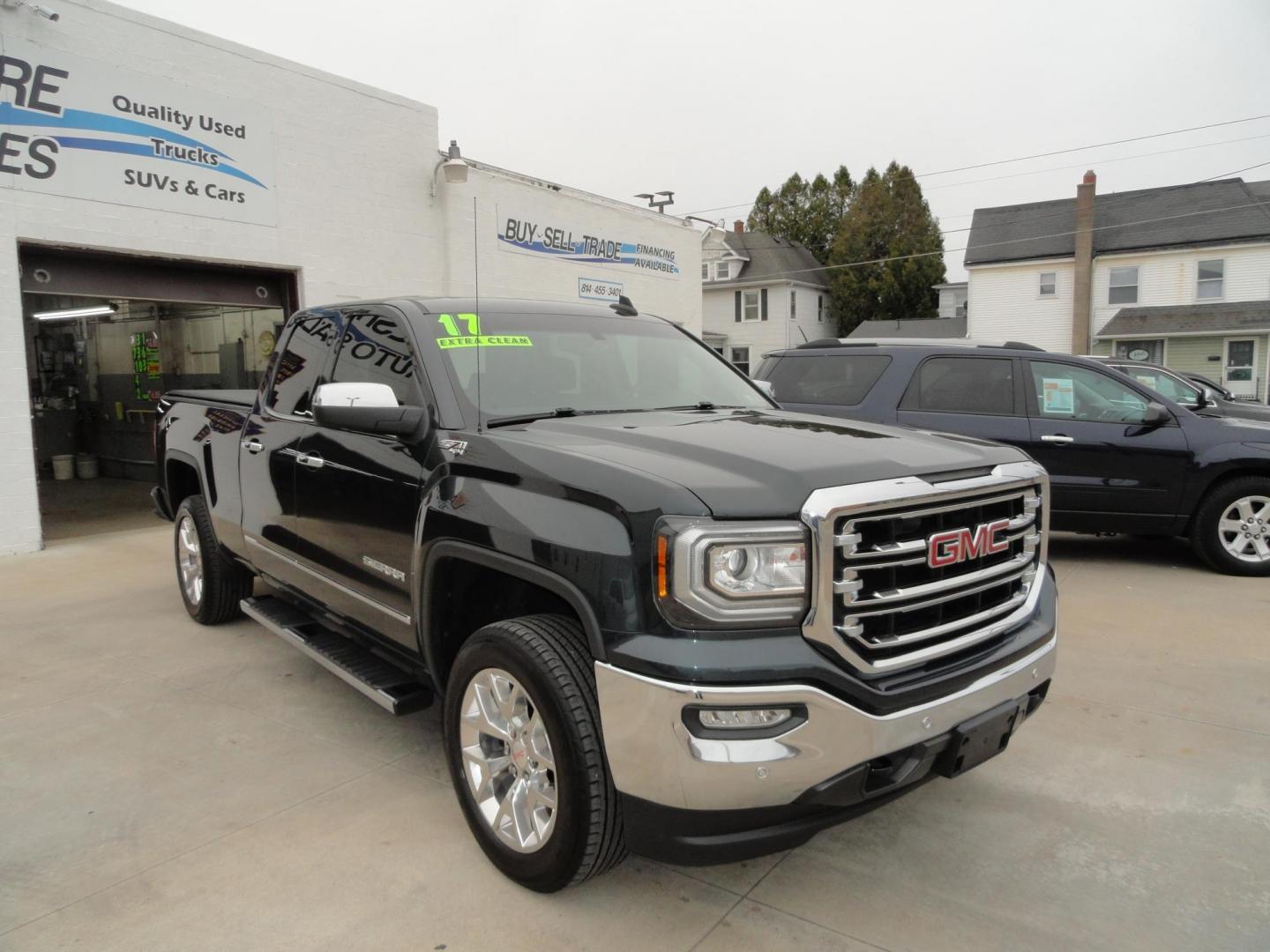 2017 Dark Slate Metallic /Graphite GMC Sierra 1500 SLT (1GTV2NEC4HZ) with an 5.3L V8 OHV 16V engine, 8-Speed Automatic transmission, located at 827 W 26th Street, Erie, PA, 16508, (814) 455-3401, 42.105431, -80.090942 - Thanks for looking at our accident free like new GMC trade in. Please be advised that we sold this truck two months ago and the buyer traded it back in to us on a GMC Denali which is what he originally wanted and also be advised that these are two month old pictures and the current mileage is 99301. - Photo#0