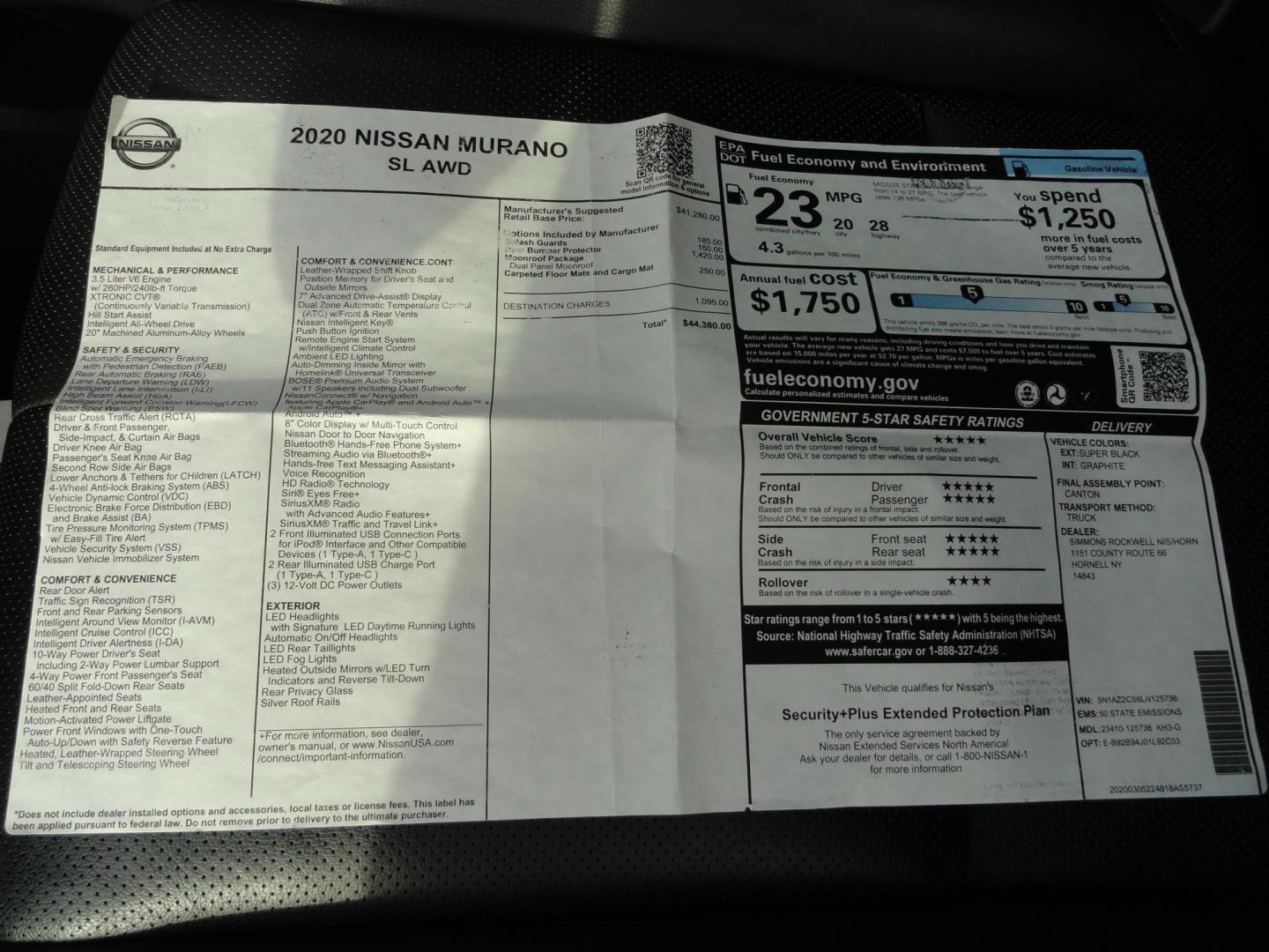 2020 Super Black /Graphite Nissan Murano SL (5N1AZ2CS6LN) with an 3.5L V6 DOHC 24V engine, CVT transmission, located at 827 W 26th Street, Erie, PA, 16508, (814) 455-3401, 42.105431, -80.090942 - Photo#42