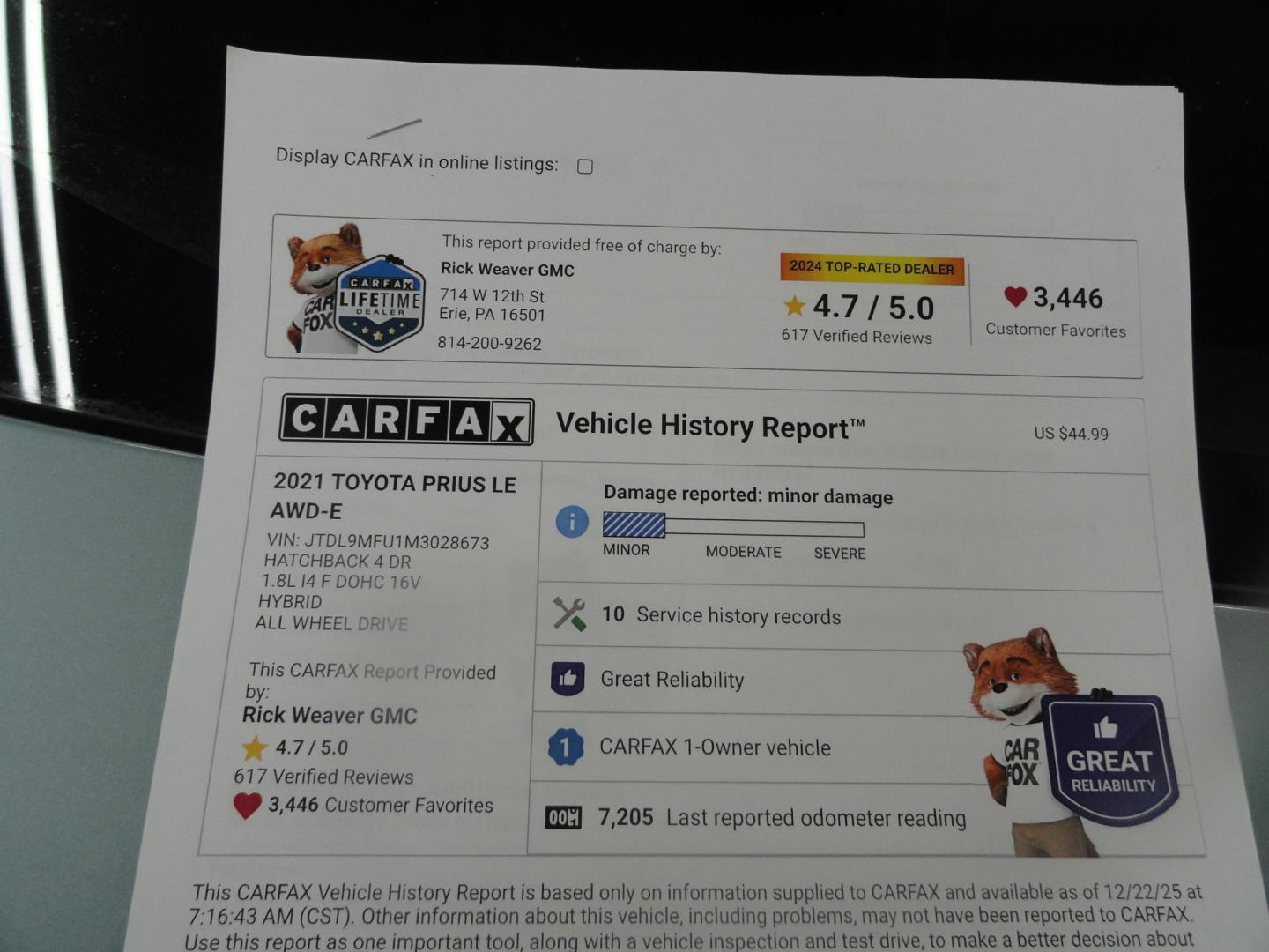 2021 Sea Glass Pearl /Tan Toyota Prius LE AWD-e (JTDL9MFU1M3) with an 1.8L L4 DOHC 16V HYBRID engine, CVT transmission, located at 827 W 26th Street, Erie, PA, 16508, (814) 455-3401, 42.105431, -80.090942 - Thanks for looking at our super low mileage one owner recent arrival. This is the LE all-wheel drive E model with all the options including remote start. This vehicle belonged to an elderly customer who had to stop driving due to age which explains the low mileage. This vehicle has both remotes, the - Photo#38