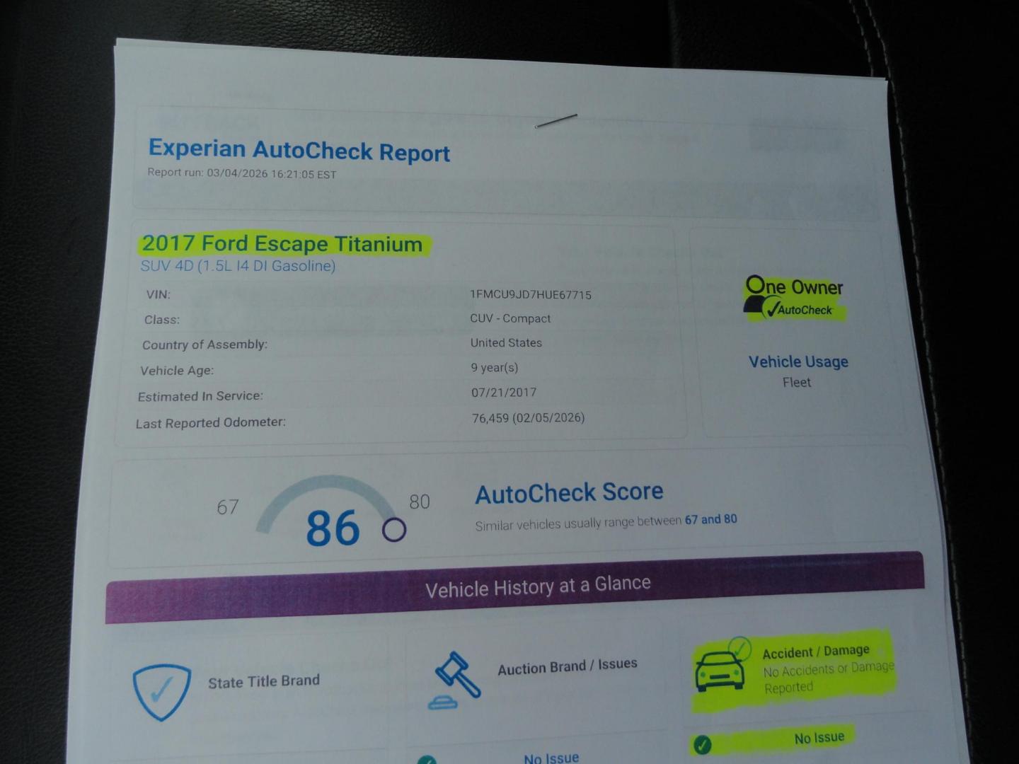 2017 White Titanium /Jet Black Ford Escape Titanium 4WD (1FMCU9JD7HU) with an 1.5L L4 DOHC 16V engine, 6-Speed Automatic transmission, located at 827 W 26th Street, Erie, PA, 16508, (814) 455-3401, 42.105431, -80.090942 - Thanks for looking at our one owner accident and rust-free new arrival. This is the top-of-the-line Titanium model with four-wheel drive, dual power heated leather front seats, remote start, back up camera, push button start, lane departure. blind spot monitor and lots more including two sets of fac - Photo#56