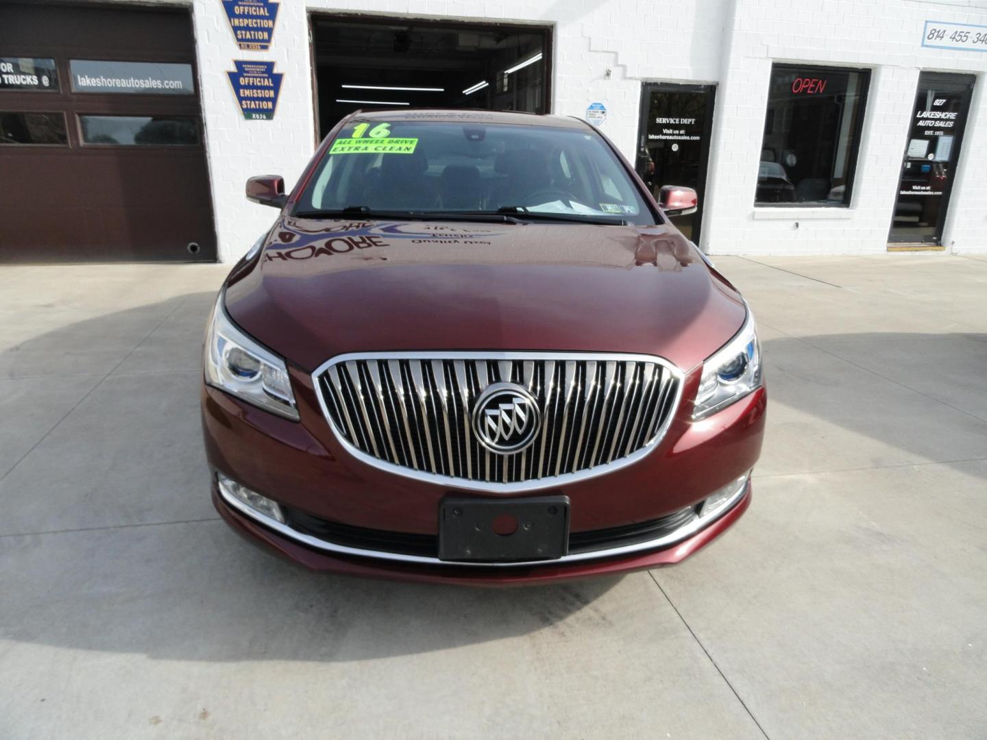 2016 Baroque Red Metallic /Graphite Buick LaCrosse Leather Package AWD (1G4GC5G34GF) with an 3.6L V6 DOHC 24V FFV engine, 6-Speed Automatic transmission, located at 827 W 26th Street, Erie, PA, 16508, (814) 455-3401, 42.105431, -80.090942 - Thank for looking at our two-owner new Chevrolet trade in. This is the Premium with leather all-wheel drive model with heated leather, keyless entry, back up camera, push button start and lots more. We've been servicing this vehicle since 30,000 miles for the previous customer who took excellent car - Photo#1