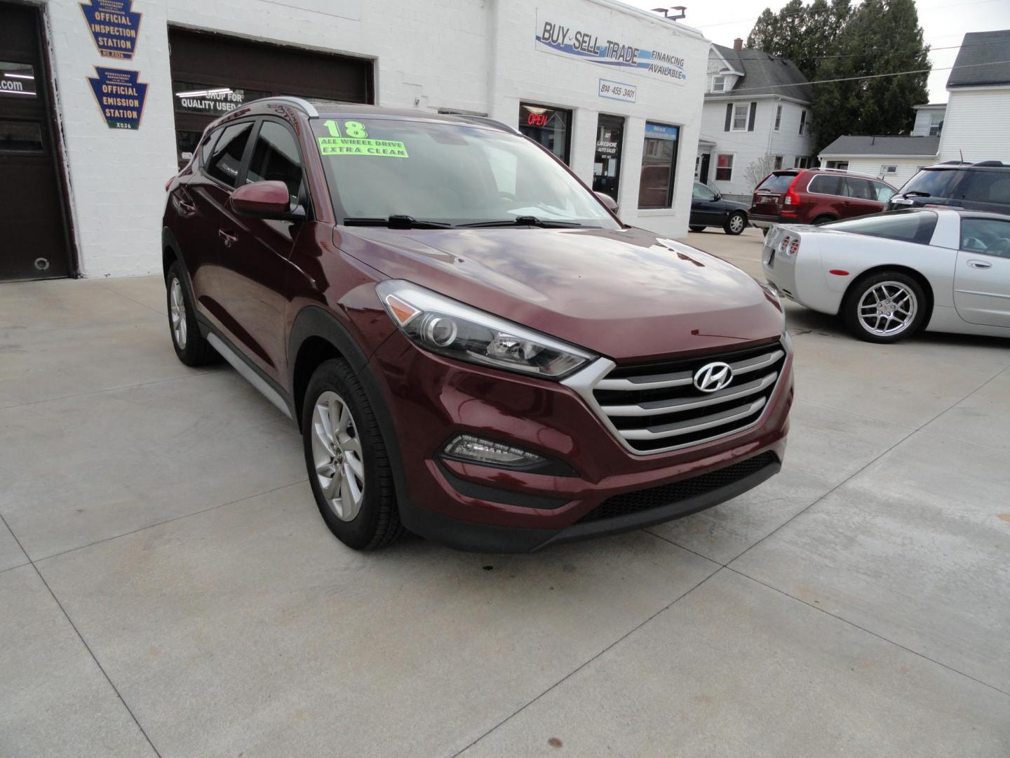2018 Ruby Wine /Beige Hyundai Tucson SE AWD (KM8J3CA45JU) with an 2.0L L4 DOHC 16V engine, 6-Speed Automatic transmission, located at 827 W 26th Street, Erie, PA, 16508, (814) 455-3401, 42.105431, -80.090942 - Thanks for looking at our super clean rust and accident-free recent arrival. This is the Se ALL WHEEL DRIVE model with lots of options including a power drivers seat, keyless entry, Bluetooth, and lots more. A full service was just completed in our service department with new Pa state and emissions - Photo#0