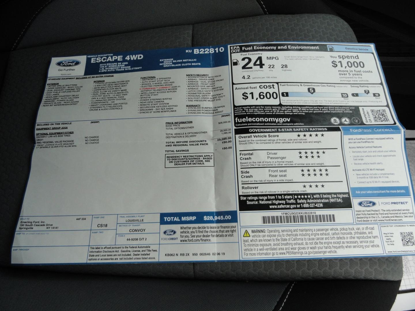 2019 Ingot Silver Metallic /Greystone Ford Escape SE 4WD (1FMCU9GDXKU) with an 1.5L L4 DOHC 16V engine, 6-Speed Automatic transmission, located at 827 W 26th Street, Erie, PA, 16508, (814) 455-3401, 42.105431, -80.090942 - Thanks for looking at our low mileage two owner accident-free recent arrival. This is the SE model with four-wheel drive, remote start, keyless entry, push button start, back up camera and lots more. A full service was just completed in our service department with new Pa state and emissions inspecti- Photo#40