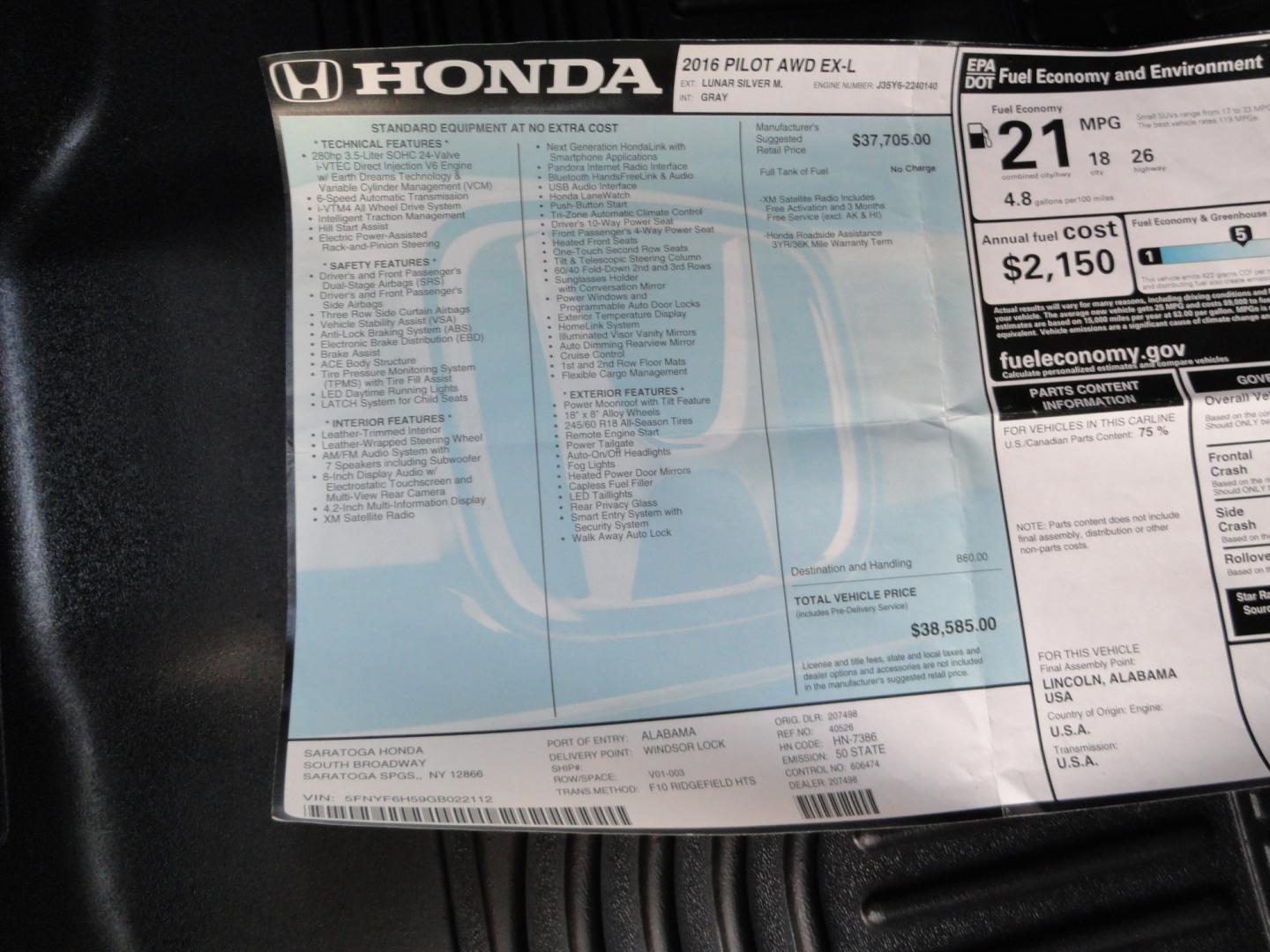 2016 Lunar Silver Metallic /Gray Honda Pilot EX-L AWD (5FNYF6H59GB) with an 3.5L V6 SOHC 24V engine, 6A transmission, located at 827 W 26th Street, Erie, PA, 16508, (814) 455-3401, 42.105431, -80.090942- Photo#40