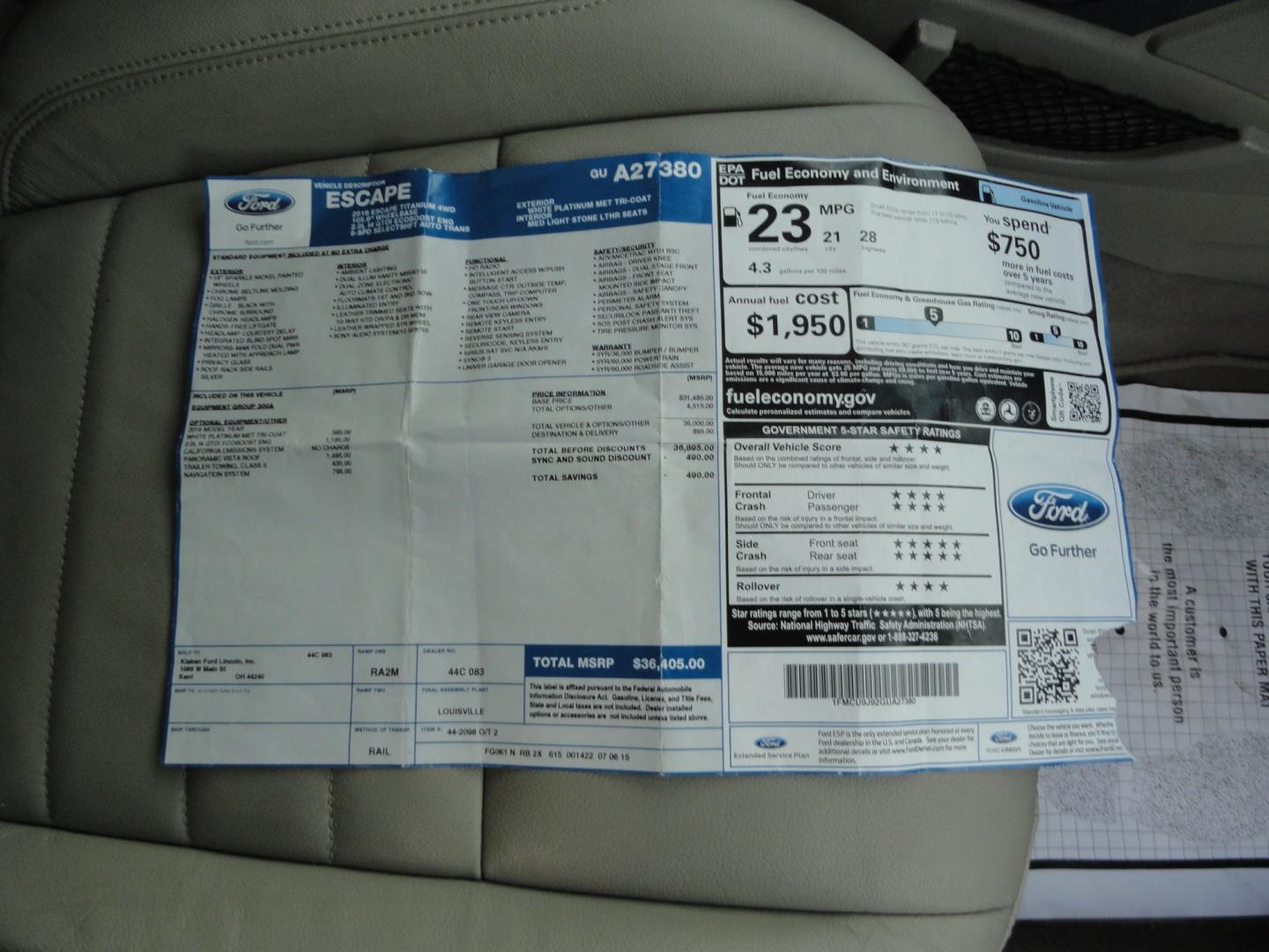 2016 White Platinum Metallic /Tan Ford Escape Titanium 4WD (1FMCU9J92GU) with an 2.0L L4 DOHC 16V engine, 6-Speed Automatic transmission, located at 827 W 26th Street, Erie, PA, 16508, (814) 455-3401, 42.105431, -80.090942 - Thanks for looking at our super clean two owner accident-free recent arrival. This is the Titanium model with four-wheel drive and pretty much has all the options that were available in the 2016 model year. A full service was just completed in our service department with new Pa state and emissions i- Photo#46