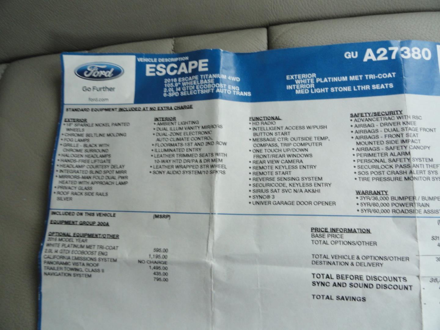 2016 White Platinum Metallic /Tan Ford Escape Titanium 4WD (1FMCU9J92GU) with an 2.0L L4 DOHC 16V engine, 6-Speed Automatic transmission, located at 827 W 26th Street, Erie, PA, 16508, (814) 455-3401, 42.105431, -80.090942 - Thanks for looking at our super clean two owner accident-free recent arrival. This is the Titanium model with four-wheel drive and pretty much has all the options that were available in the 2016 model year. A full service was just completed in our service department with new Pa state and emissions i- Photo#47