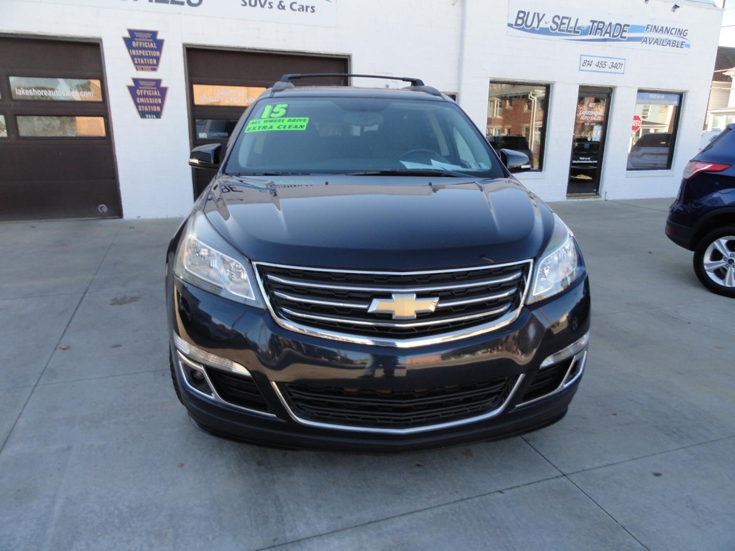 2015 Blue Velvet Metallic /Jet Black Chevrolet Traverse LT AWD (1GNKVGKDXFJ) with an 3.6L V6 DOHC 24V engine, 6-Speed Automatic transmission, located at 827 W 26th Street, Erie, PA, 16508, (814) 455-3401, 42.105431, -80.090942 - Thanks for looking at our two-owner accident and rust-free new vehicle trade. This is the LT all-wheel drive with power heated seats, back up camera, remote start and lots more. A full service was just completed in our service department and the previous owner just put on four new Goodyear tires. If- Photo#1